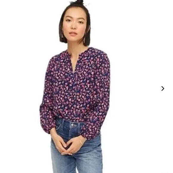 J.CREW Open V-neck Top Size S Blue Dotted Floral Print Blouse Career Preppy NEW - Picture 3 of 13